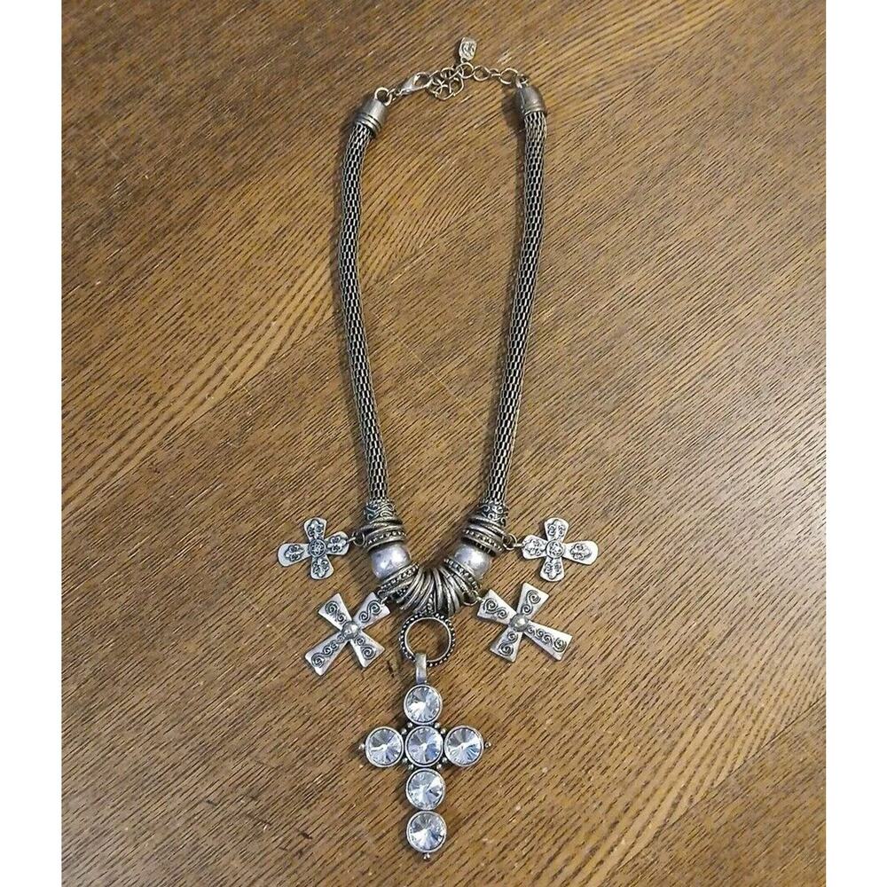 Christian Symbol Cross Metal Pendant Beads Silver Antique Finish‎ Necklace Vtg